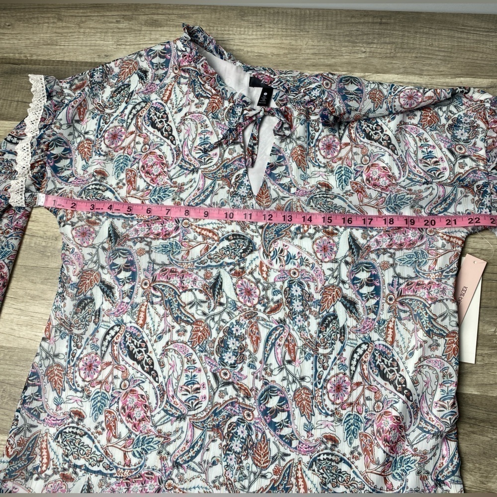 Aqua Paisley Lace Trim Top Women's S White Multi Split Tie Neck Long Sleeve - Picture 10 of 16